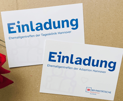 Einladungskarten zum Ehemaligentreffen der Tagesklinik Hannover und Adaption Hannover